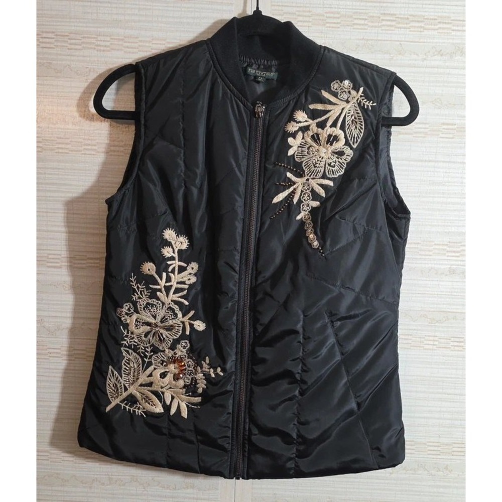 For Cynthia Black Quilted Puffer Vest Floral Embroidered Beaded Petite Small PS